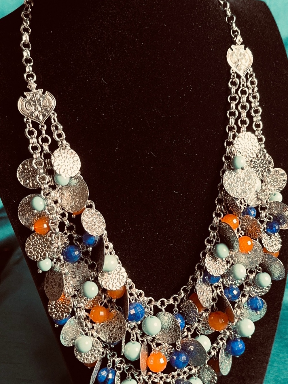 Boho Bib Necklace Silver Tone Coin Charm Orange Blue Statement